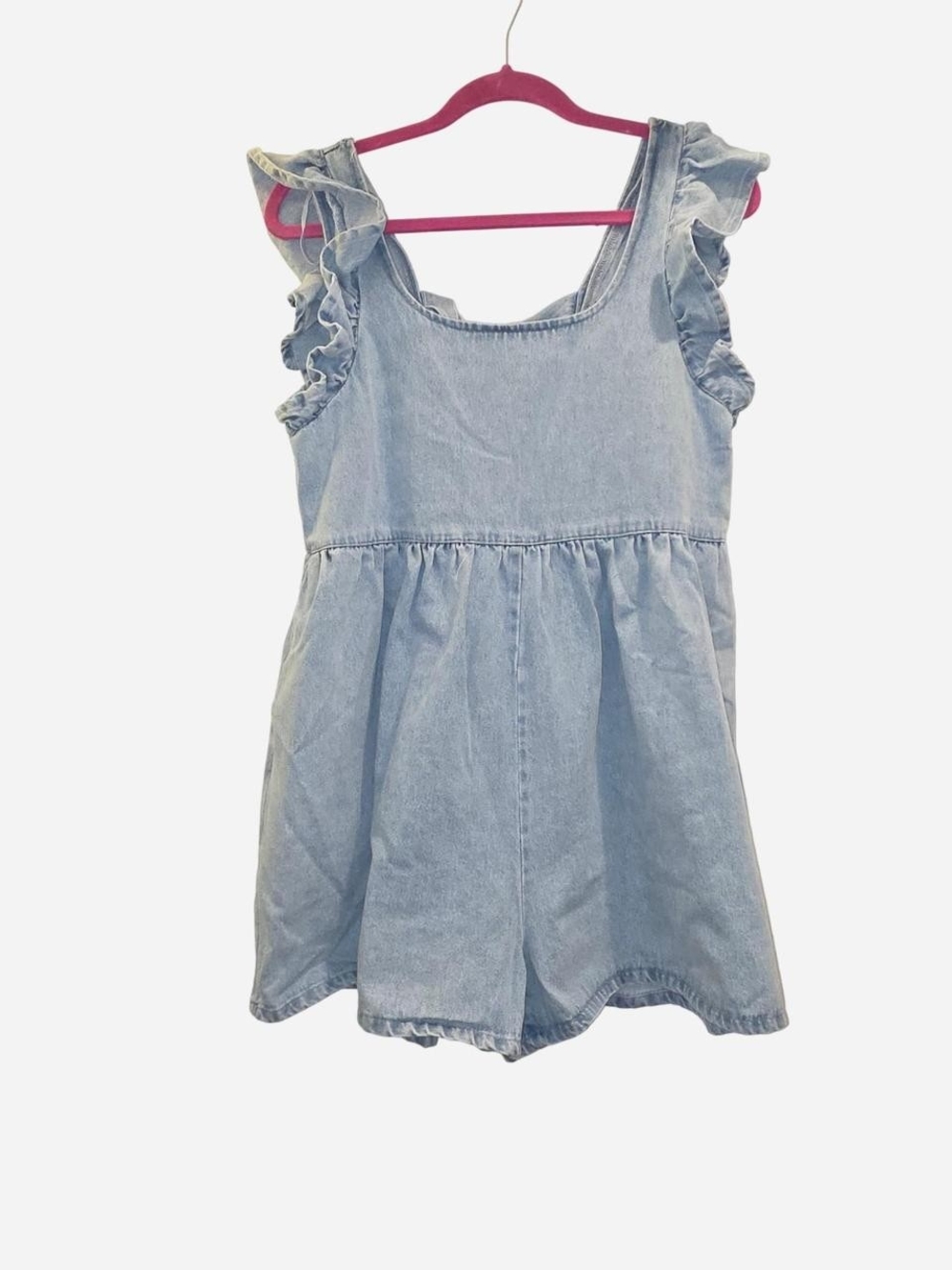 Light Blue Denim Romper with Ruffle Shoulder Straps